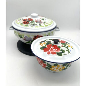 2 Vintage Lucky Elephant Chinese White Floral Enamel Casserole Dish Pot